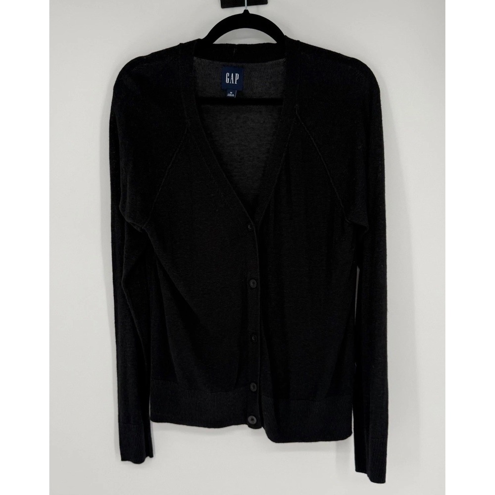 Gap Cardigan Sweater Women's Medium Black Black Linen Rayon Soft Elegant Office